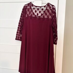 XL Burgundy Dress with Sheer Polka Dot Sleeve